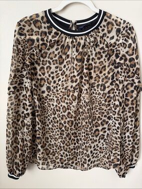 RACHEL Rachel Roy Leopard Print Long Sleeve Blouse with Black & White Trim